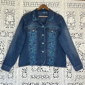 DG2 By Diane Gilman Boho Fairy Beaded Button Up Jean Jacket Sz Large‎